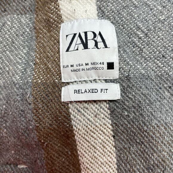 Zara Heavy Twill Overshirt Shacket Mens M Tan Gray Plaid Relaxed Fit Shirt - Picture 3 of 10